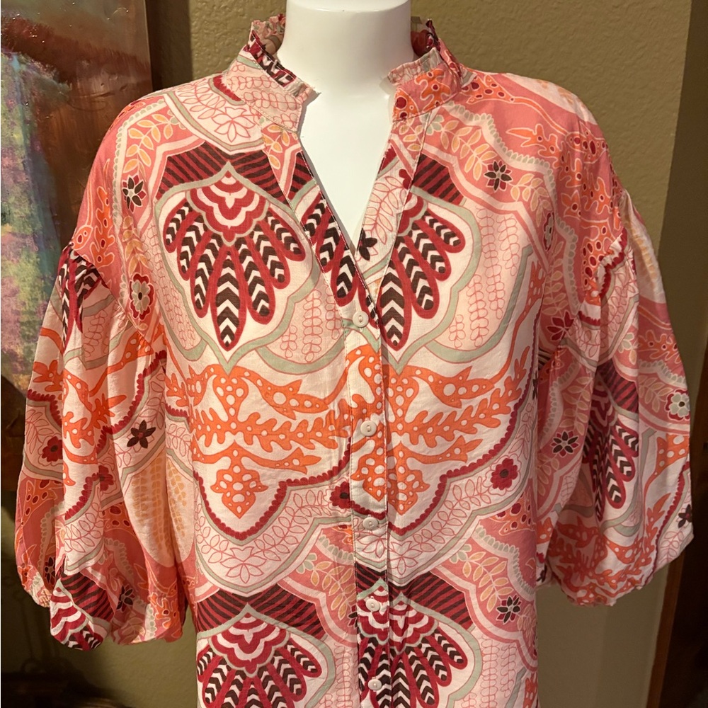 Fate Coral and Brown Patterned Balloon Sleeve Blouse (M)